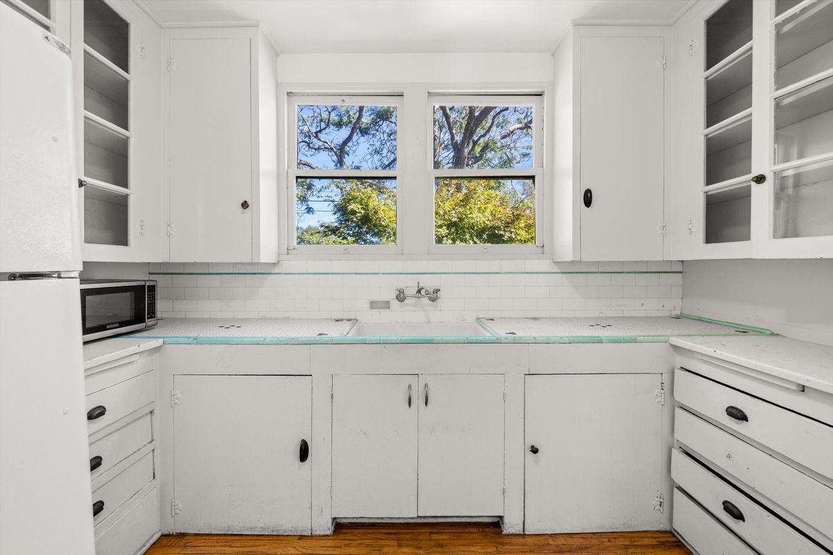 Interior, Kitchen, Tile Countertops, Wood Texture Flooring