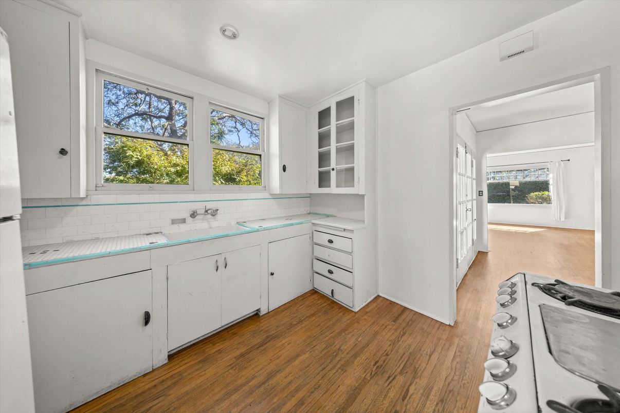Interior, Kitchen, Tile Countertops, Wood Texture Flooring