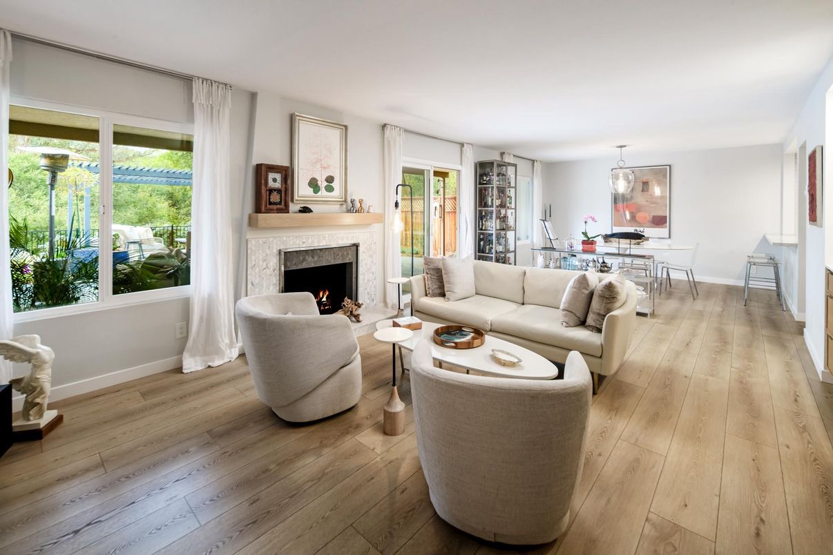 Dining room, Fireplace, Interior, Living room, Pendant Lights, Wood Texture Flooring