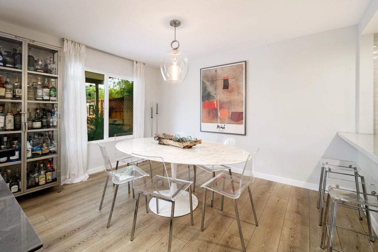 Dining room, Interior, Pendant Lights, Wood Texture Flooring