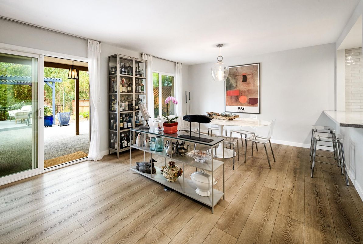 Dining room, Interior, Pendant Lights, Wood Texture Flooring