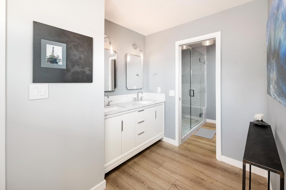 Bathroom, Dual Sink Vanities, Glass Shower, Interior, Wood Texture Flooring
