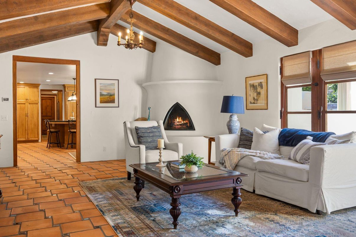 Chandelier, Fireplace, Interior, Living room, Recessed Lighting, Wooden Beams