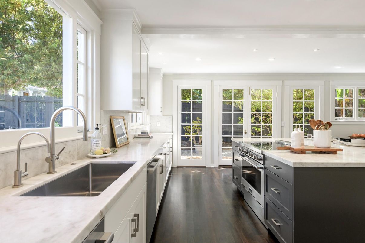 Interior, Kitchen, Recessed Lighting, Stainless Steel Appliances, Wood Texture Flooring