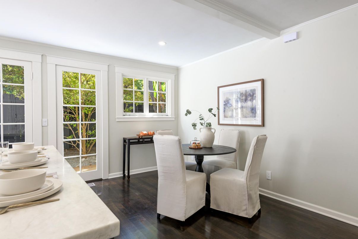 Dining room, Interior, Recessed Lighting, Wood Texture Flooring