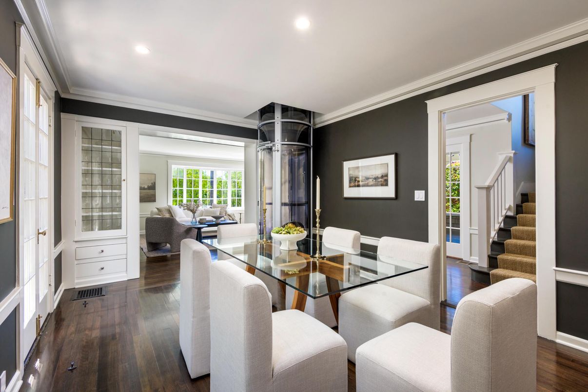 Dining room, Interior, Living room, Recessed Lighting, Wood Texture Flooring