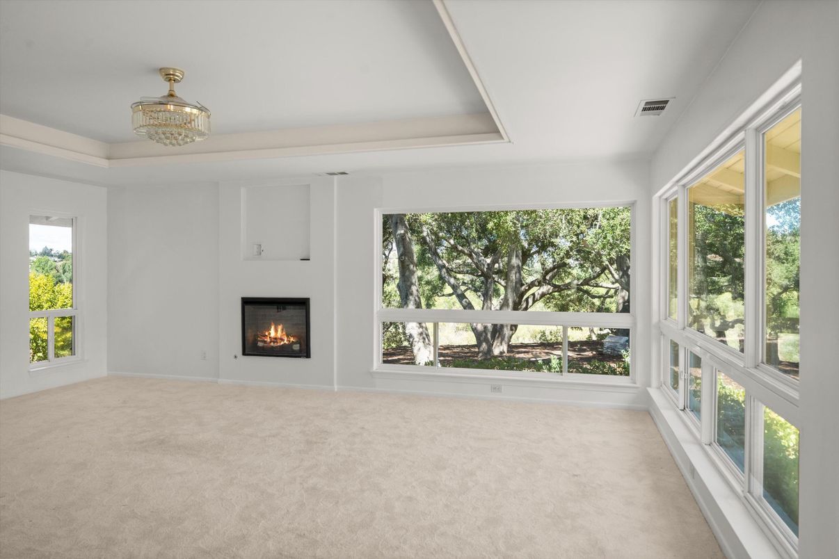 Chandelier, Empty room, Fireplace, Interior