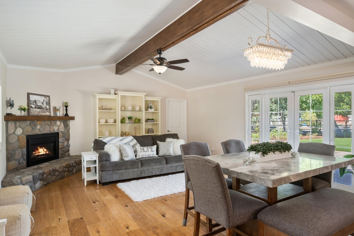Chandelier, Dining room, Fireplace, Interior, Living room, Wooden Beams, Wood Texture Flooring