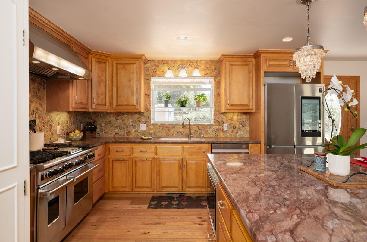 Chandelier, Interior, Kitchen, Pendant Lights, Recessed Lighting, Stainless Steel Appliances, Wood Texture Flooring