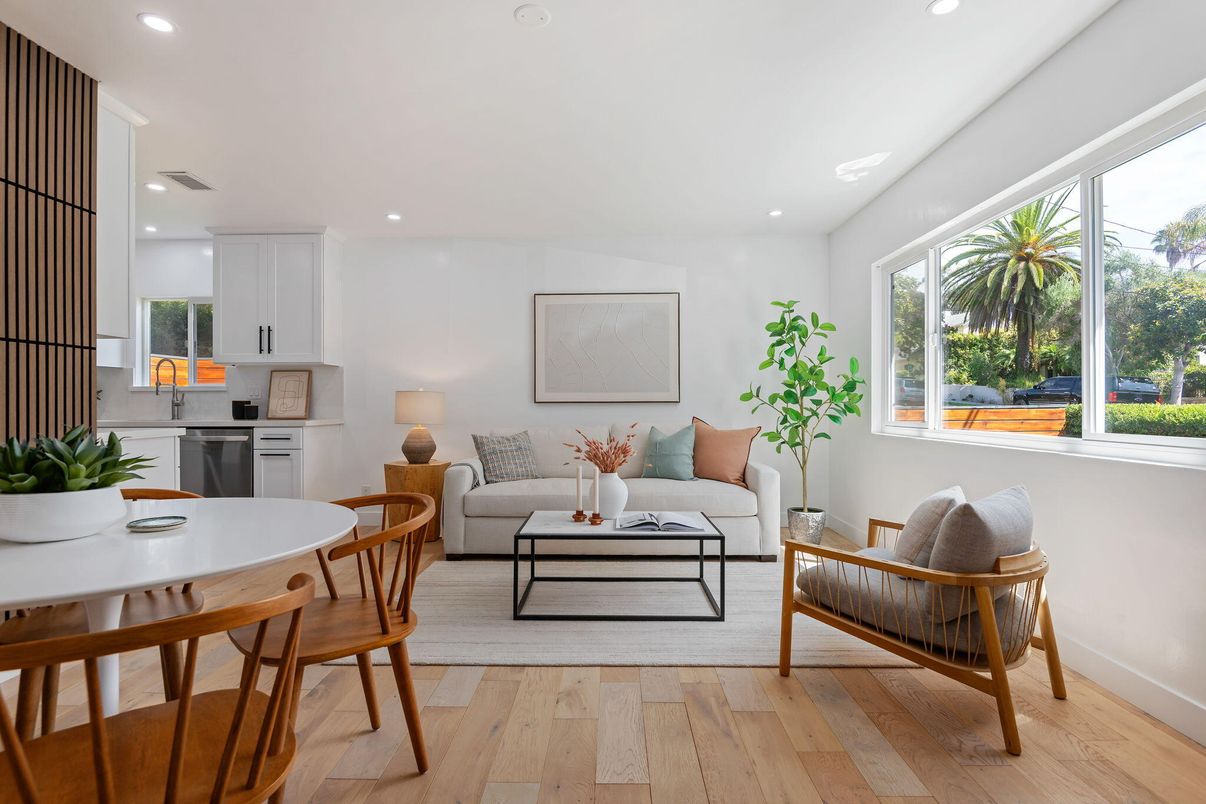 Dining room, Interior, Kitchen, Living room, Recessed Lighting, Wood Texture Flooring