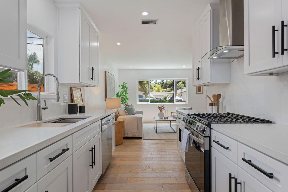 Interior, Kitchen, Living room, Recessed Lighting, Stainless Steel Appliances, Wood Texture Flooring