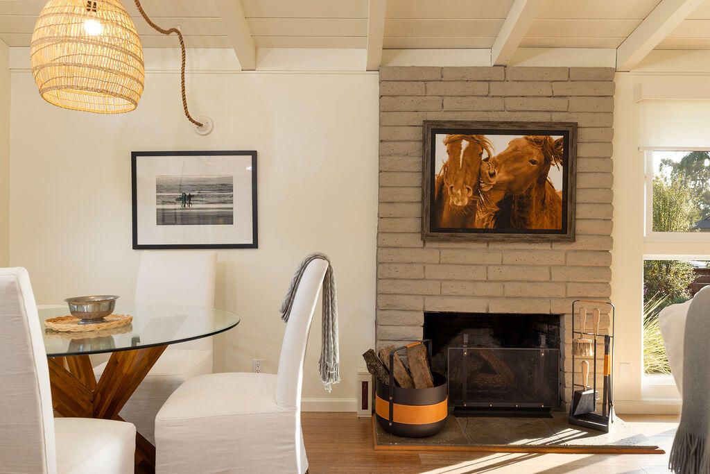 Dining room, Fireplace, Interior, Stone Walls, Wood Texture Flooring