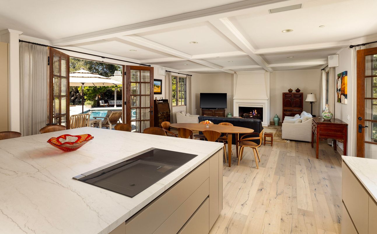Dining room, Fireplace, Interior, Living room, Recessed Lighting, Wood Texture Flooring