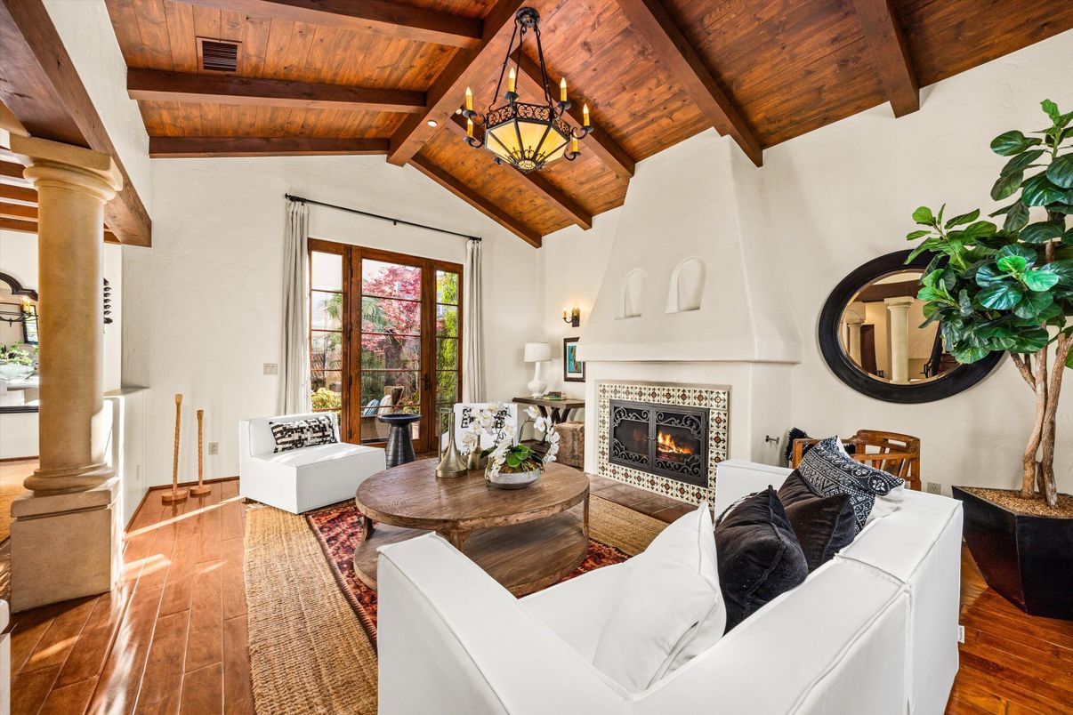 Chandelier, Fireplace, Interior, Living room, Wooden Beams, Wooden Ceilings, Wood Texture Flooring