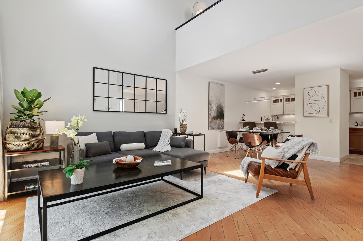 Dining room, Interior, Kitchen, Living room, Pendant Lights, Recessed Lighting, Stainless Steel Appliances, Wood Texture Flooring