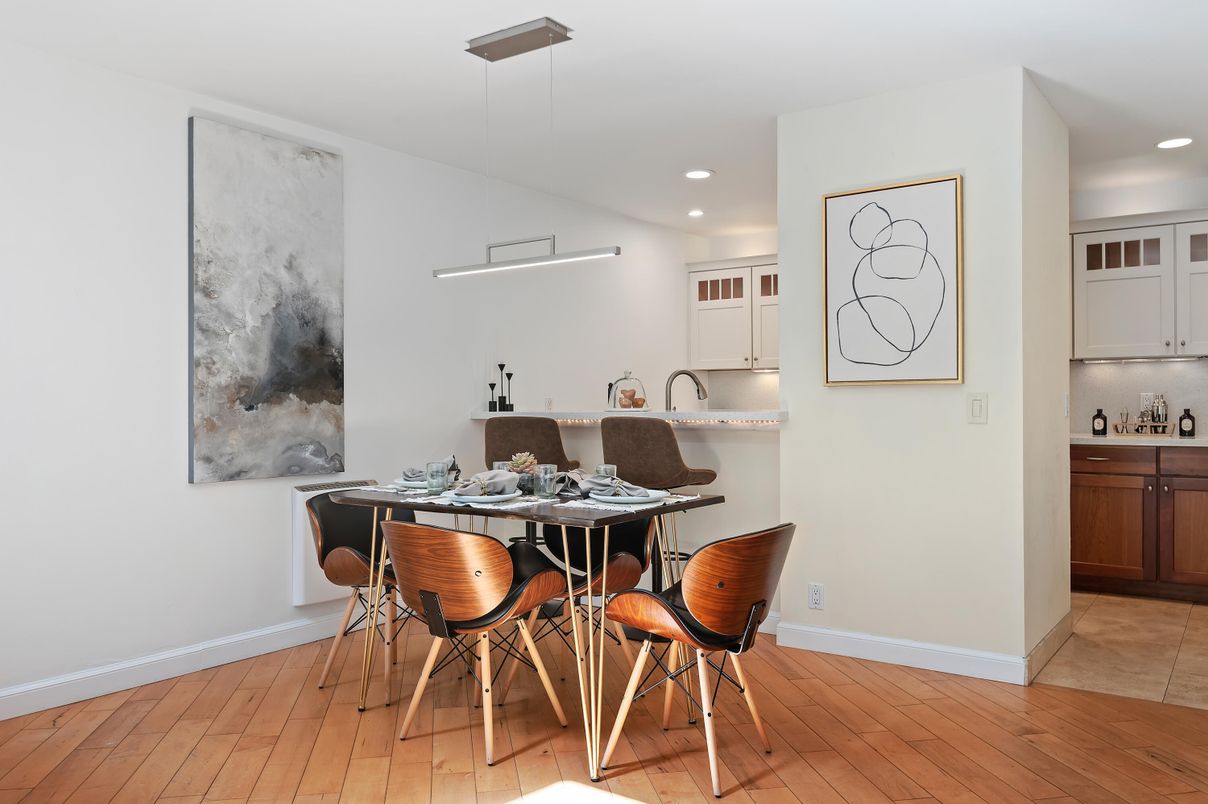 Dining room, Interior, Pendant Lights, Recessed Lighting, Wood Texture Flooring
