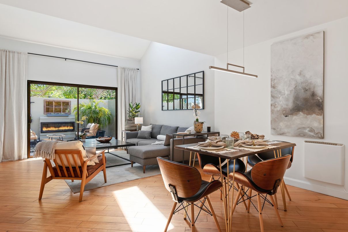 Dining room, Fireplace, Interior, Living room, Pendant Lights, Wood Texture Flooring