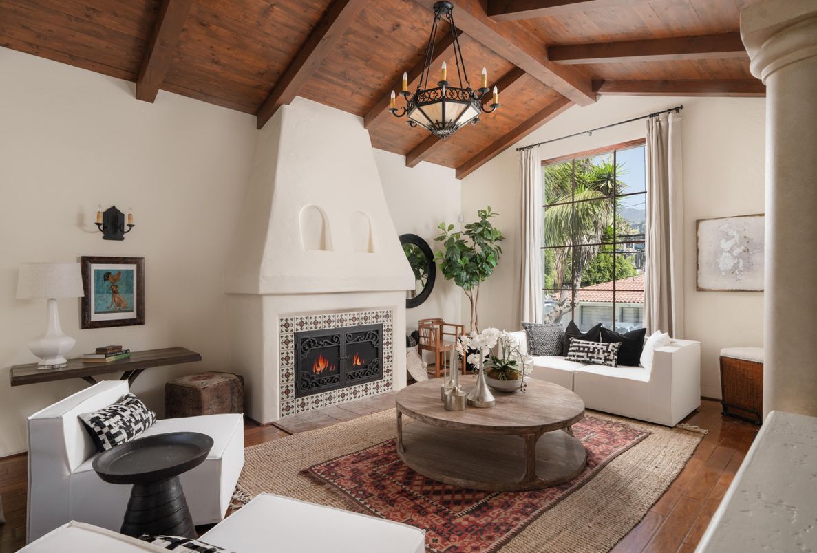 Chandelier, Fireplace, Interior, Living room, Wooden Beams, Wooden Ceilings, Wood Texture Flooring