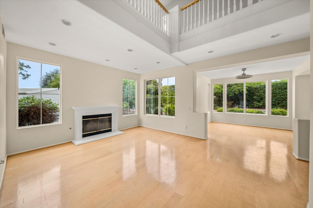 Empty room, Fireplace, Interior, Recessed Lighting, Wood Texture Flooring