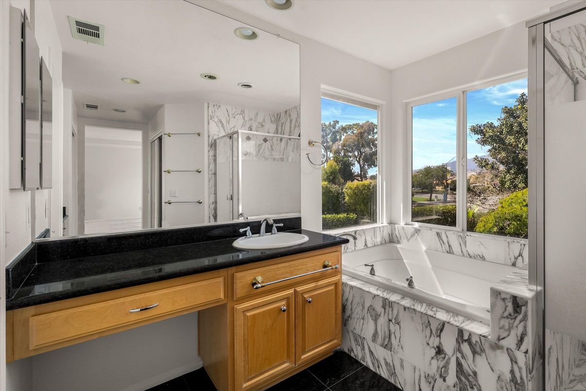 Bathroom, Dual Sink Vanities, Interior, Marble, Marble Walls, Recessed Lighting
