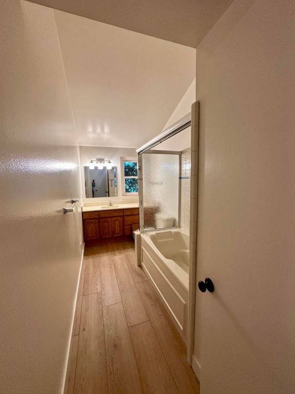 Bathroom, Glass Shower, Interior, Wood Texture Flooring