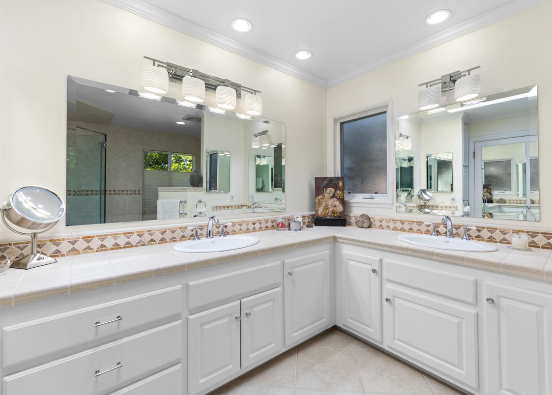 Bathroom, Dual Sink Vanities, Interior, Recessed Lighting, Tile Countertops