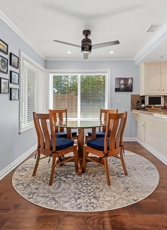 Dining room, Interior, Recessed Lighting, Wood Texture Flooring