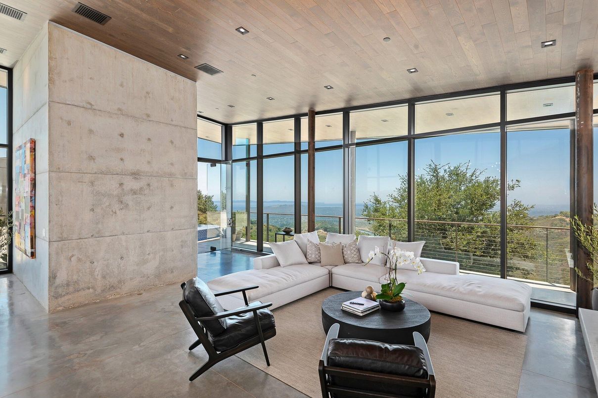 Interior, Living room, Recessed Lighting, Stone Walls, Water, Wooden Ceilings