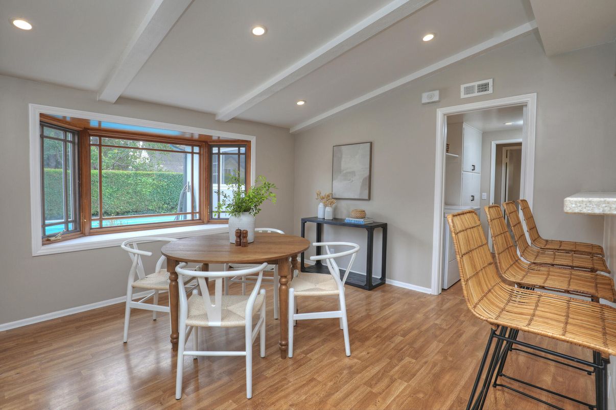 Dining room, Interior, Recessed Lighting, Wood Texture Flooring