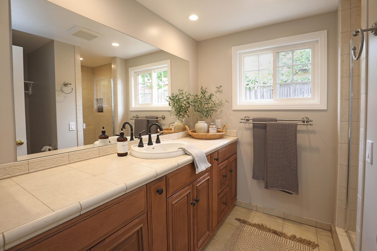Bathroom, Dual Sink Vanities, Glass Shower, Interior, Recessed Lighting, Tile Countertops