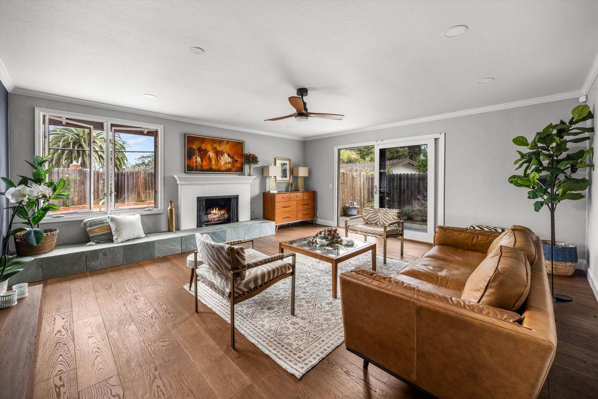 Fireplace, Interior, Living room, Recessed Lighting, Wood Texture Flooring