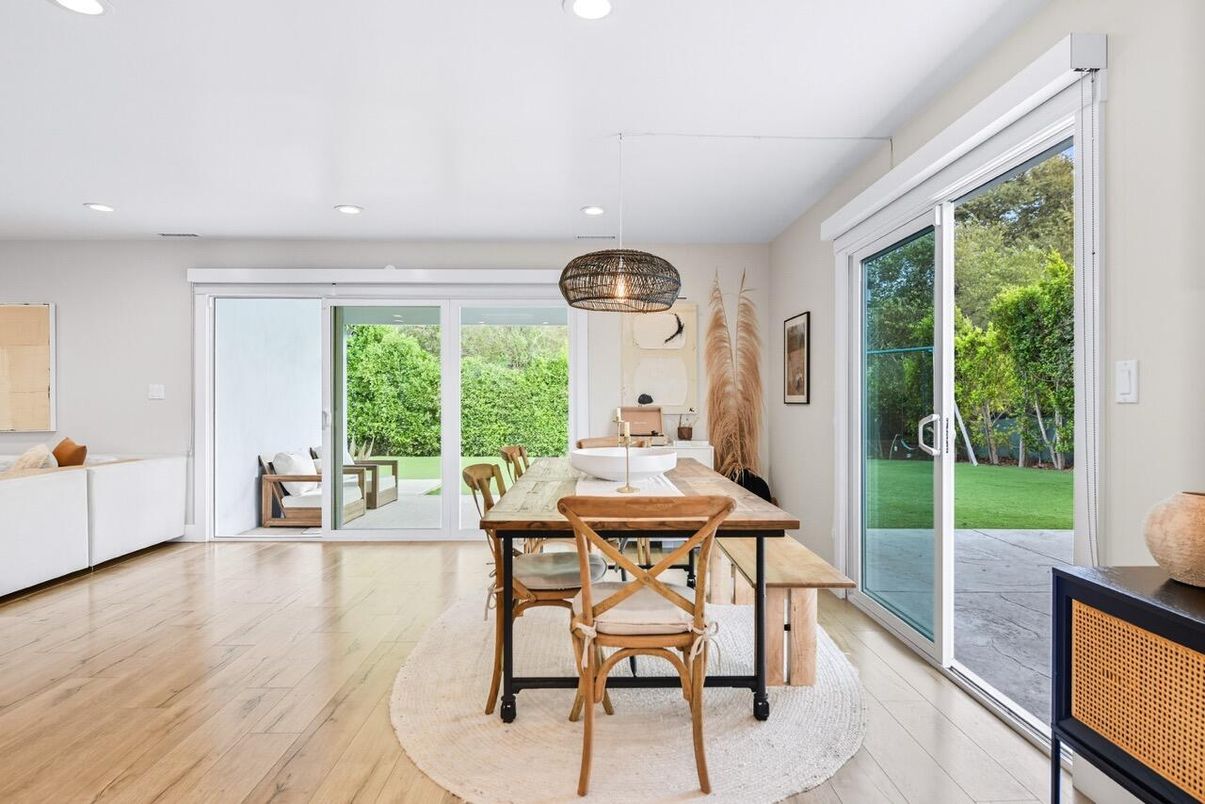 Dining room, Interior, Pendant Lights, Recessed Lighting, Wood Texture Flooring