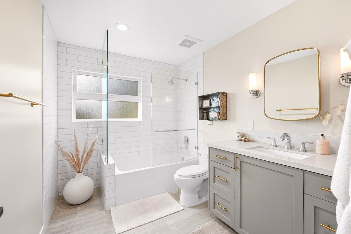 Bathroom, Glass Shower, Interior, Recessed Lighting, Wood Texture Flooring