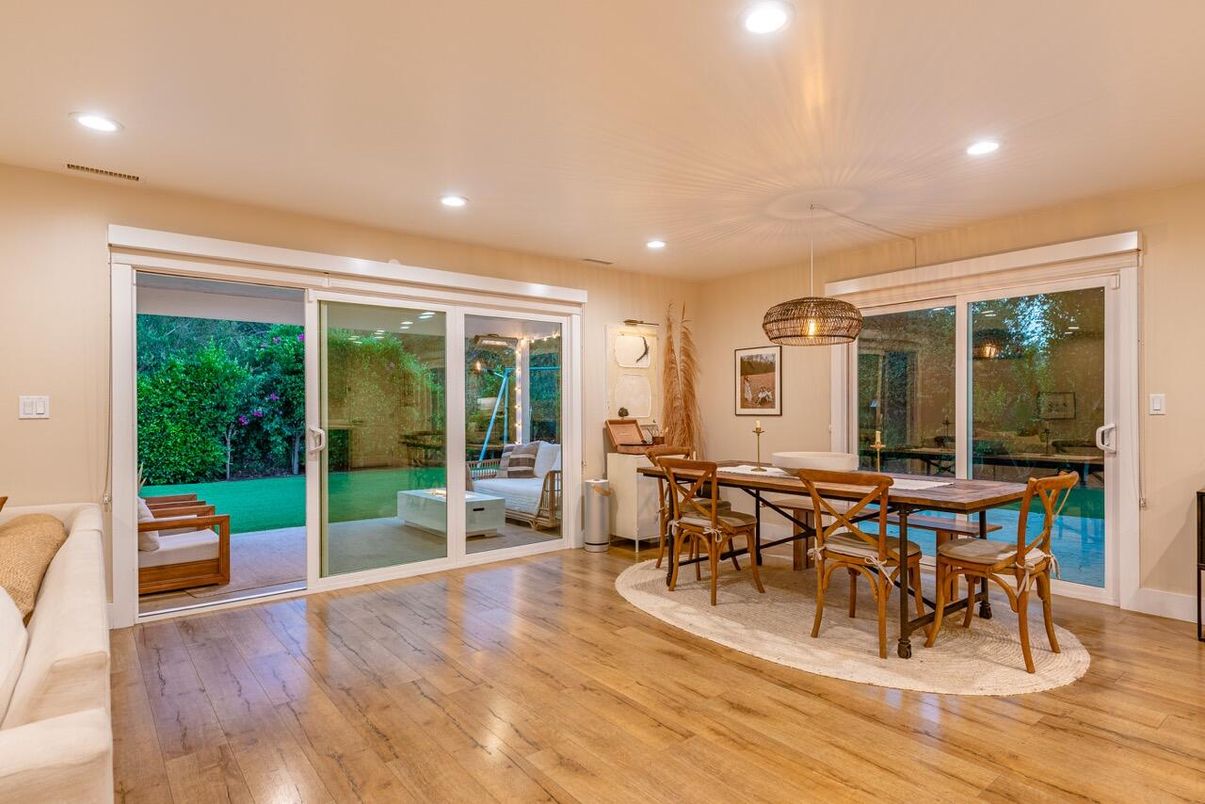 Dining room, Interior, Pendant Lights, Recessed Lighting, Wood Texture Flooring
