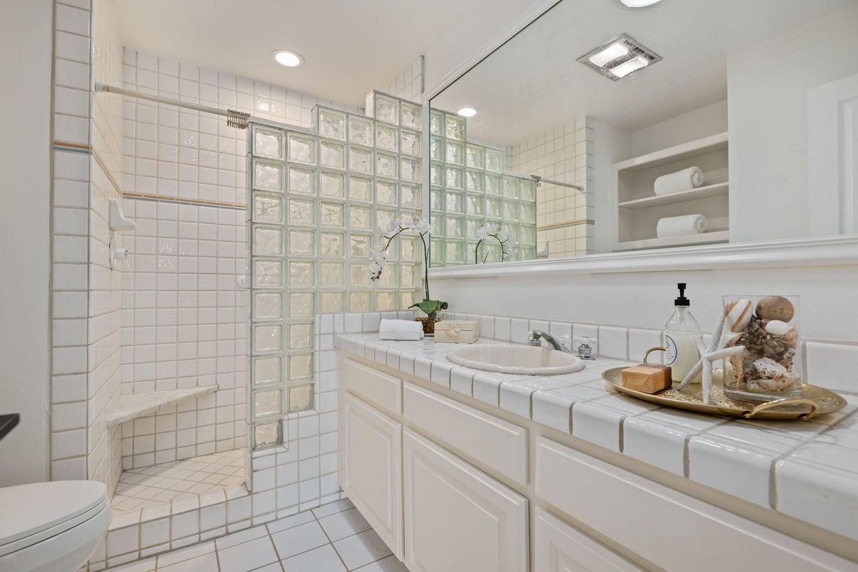 Bathroom, Glass Shower, Interior, Recessed Lighting, Tile Countertops