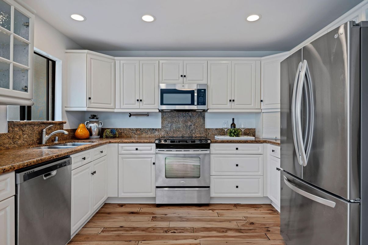 Interior, Kitchen, Recessed Lighting, Stainless Steel Appliances, Wood Texture Flooring