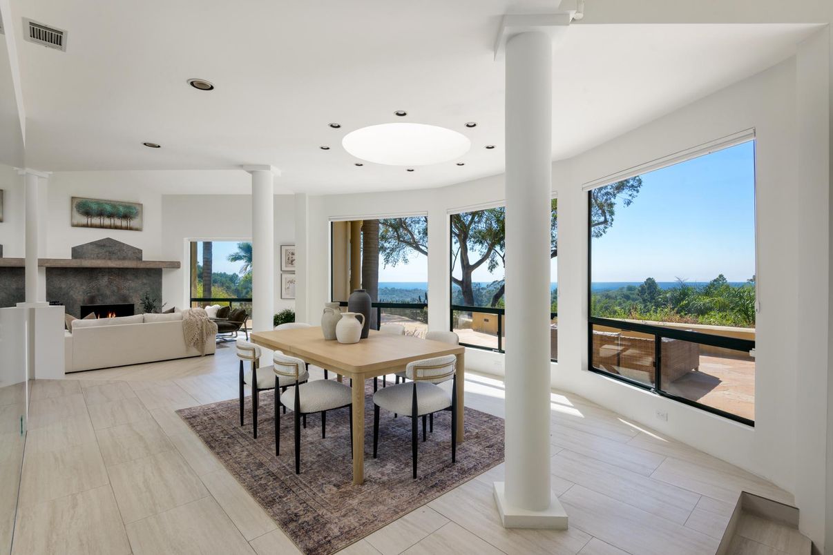 Dining room, Fireplace, Interior, Living room, Recessed Lighting, Water