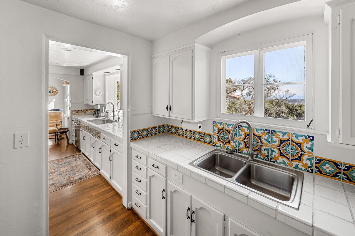 Interior, Kitchen, Tile Countertops, Wood Texture Flooring