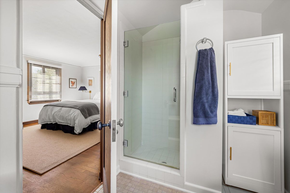 Bathroom, Bedroom, Glass Shower, Interior, Wood Texture Flooring