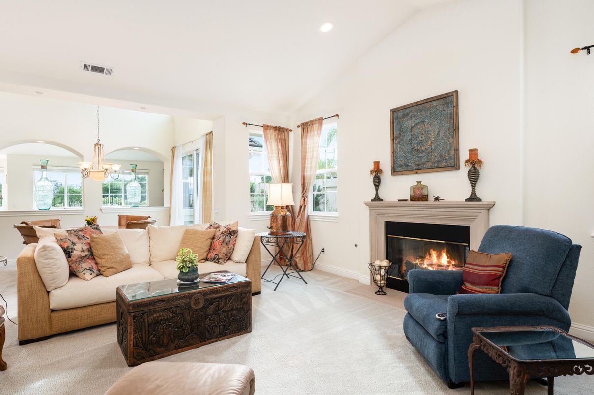 Chandelier, Dining room, Fireplace, Interior, Living room, Pendant Lights, Recessed Lighting