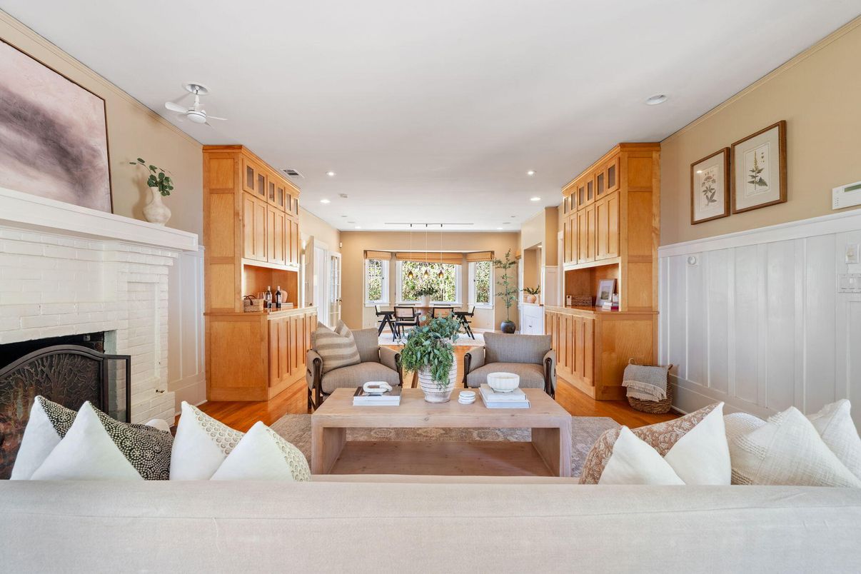 Dining room, Fireplace, Interior, Living room, Pendant Lights, Recessed Lighting, Stone Walls