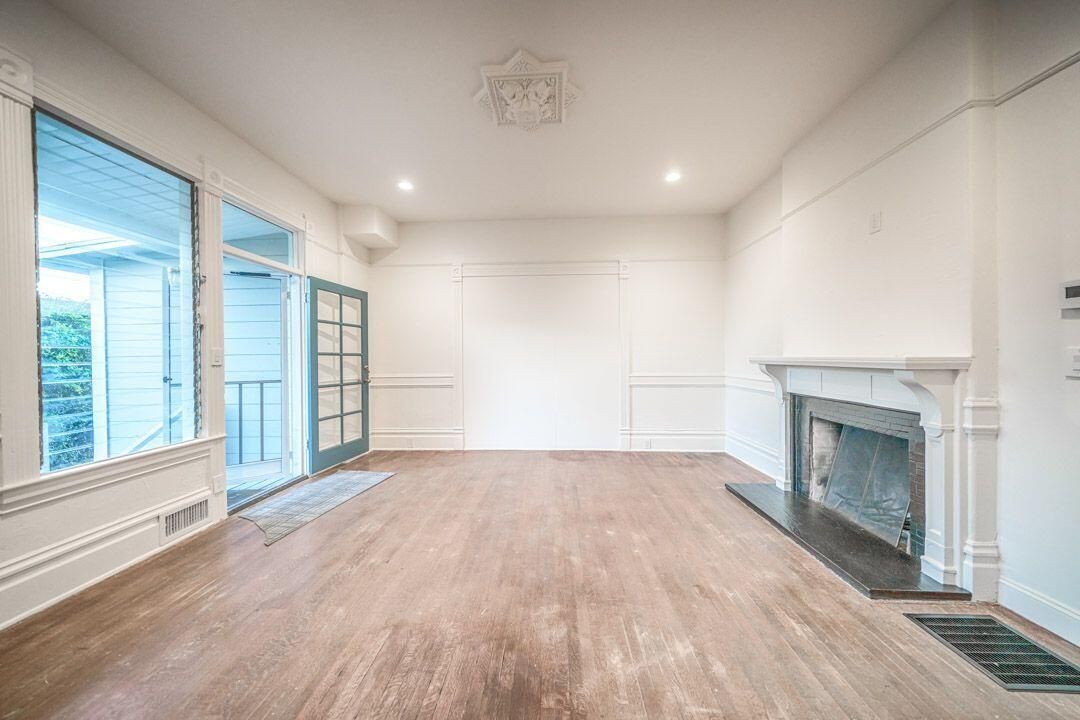 Empty room, Fireplace, Interior, Recessed Lighting, Wood Texture Flooring