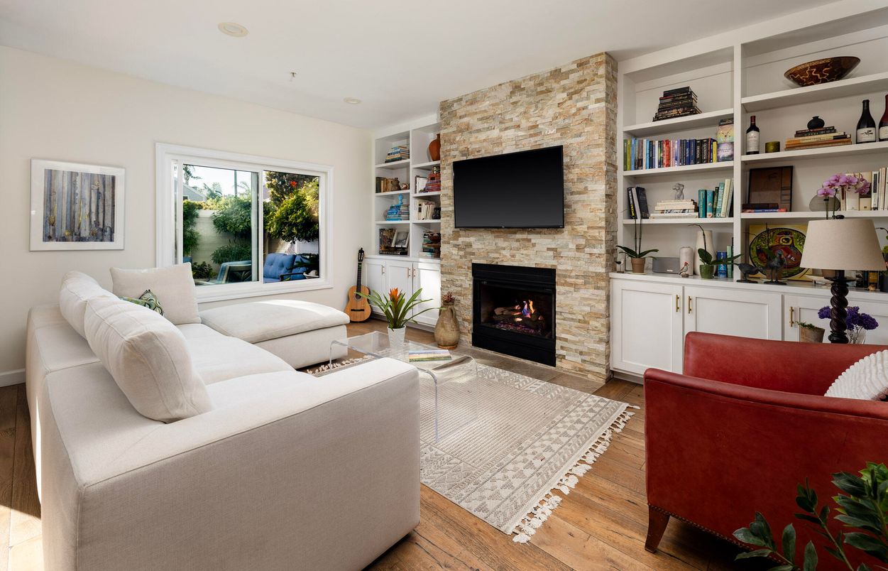 Fireplace, Interior, Living room, Stone Walls, Wood Texture Flooring