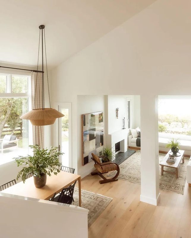 Dining room, Fireplace, Interior, Living room, Pendant Lights, Wood Texture Flooring