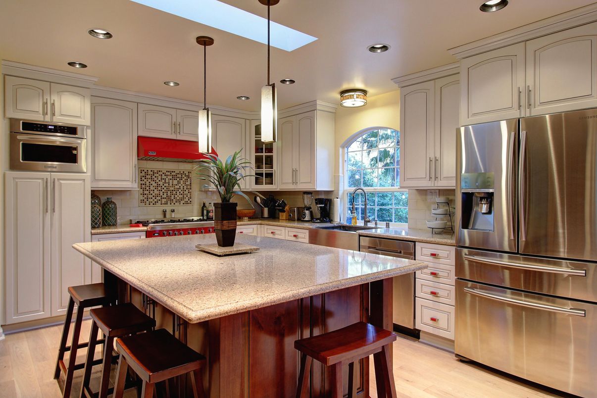 Interior, Kitchen, Pendant Lights, Recessed Lighting, Stainless Steel Appliances, Wood Texture Flooring
