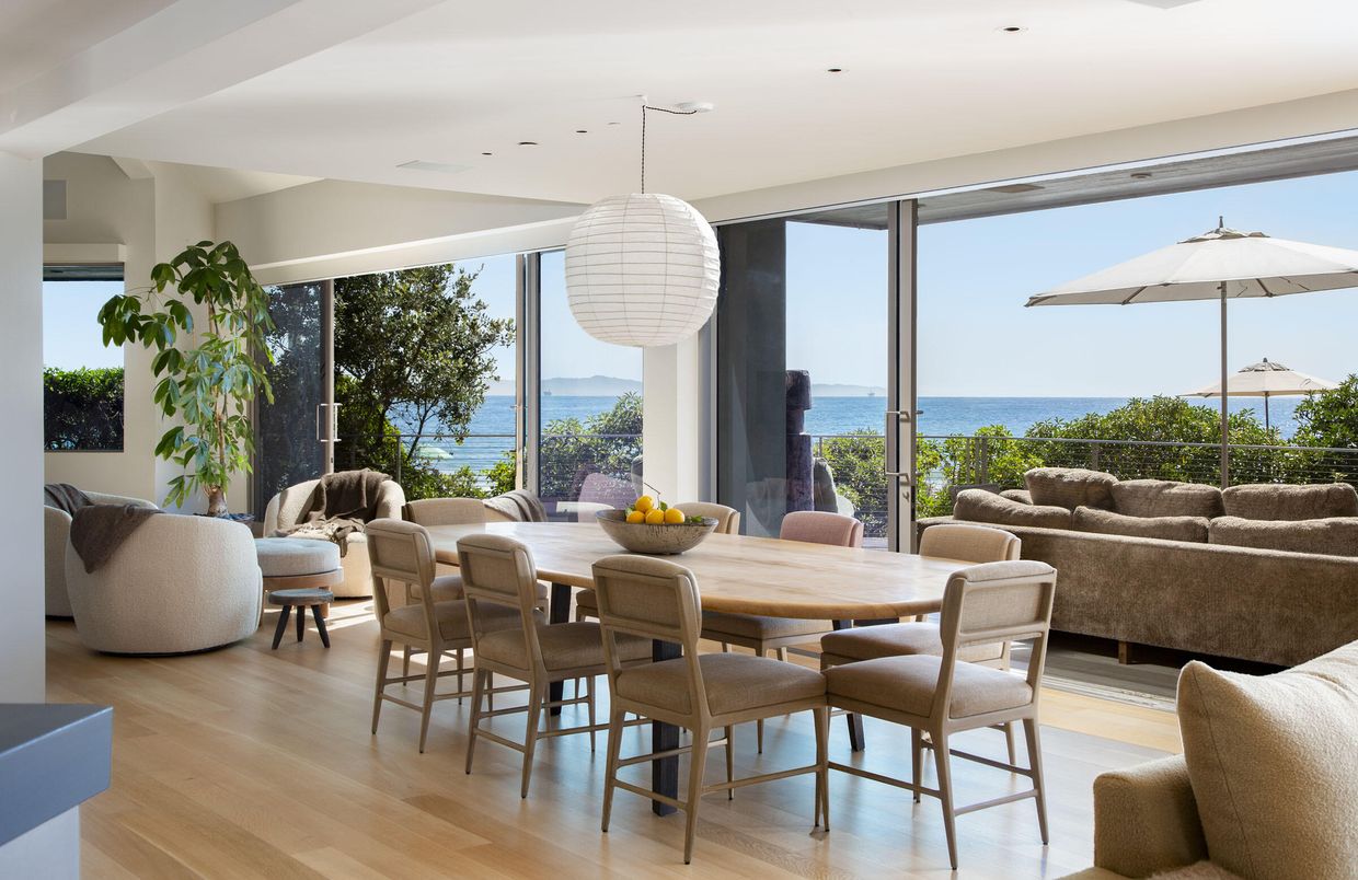 Dining room, Interior, Living room, Pendant Lights, Water, Wood Texture Flooring