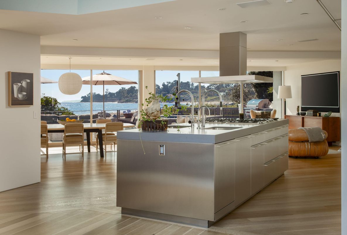 Dining room, Interior, Kitchen, Pendant Lights, Recessed Lighting, Stainless Steel Appliances, Water, Wood Texture Flooring