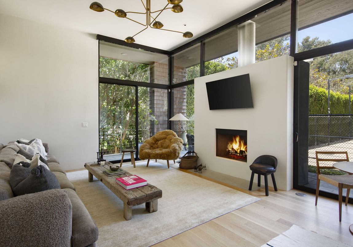 Fireplace, Interior, Living room, Pendant Lights, Wood Texture Flooring