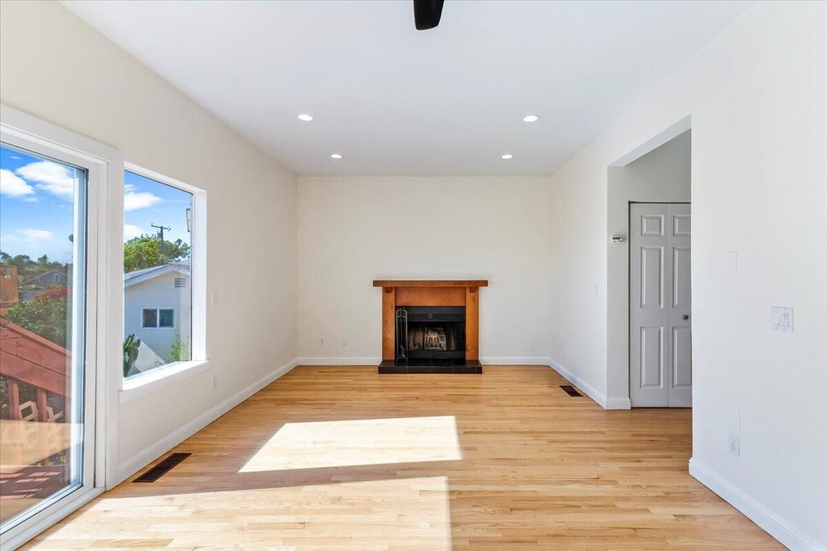 Empty room, Fireplace, Interior, Recessed Lighting, Wood Texture Flooring