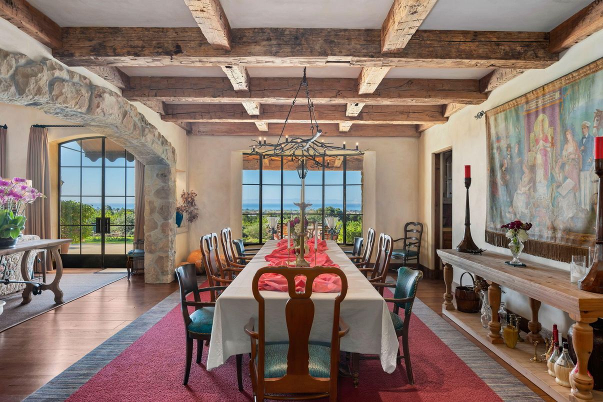 Dining room, Interior, Pendant Lights, Water, Wooden Beams, Wood Texture Flooring